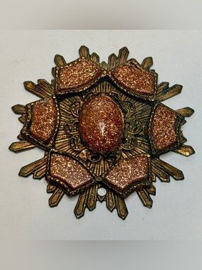 Vintage Goldstone Statement Brooch Large Art Deco Style Pin Copper Sparkle